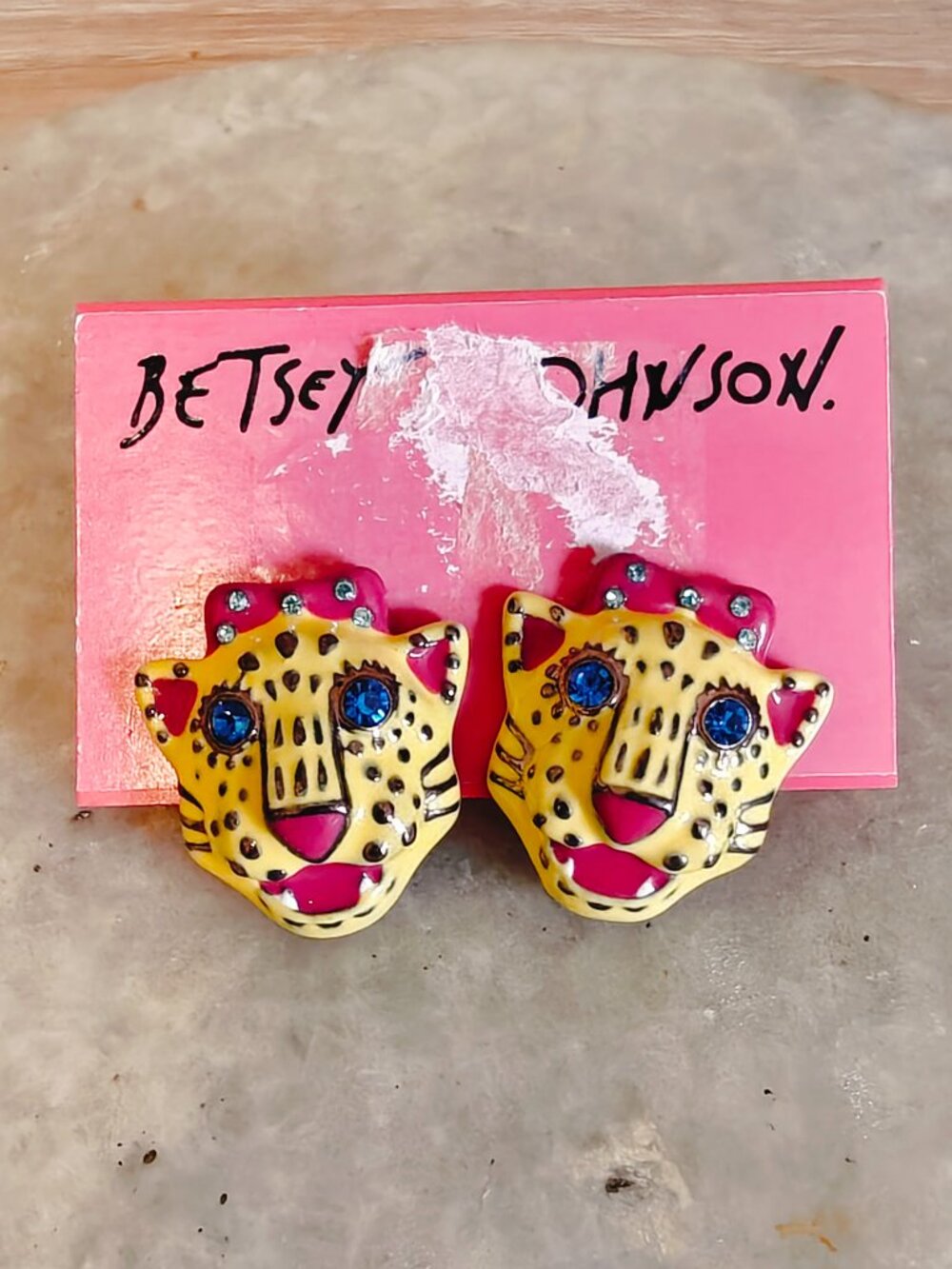 Vintage Betsey Johnson Cheetah Leopard Face Blue Crystal Enamel Stud Earrings